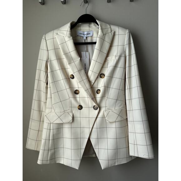 NWT $748 Veronica Beard Charleston Dickey Jacket Size 6 Plaid Ecru/ Deep Ochre - Picture 2 of 10